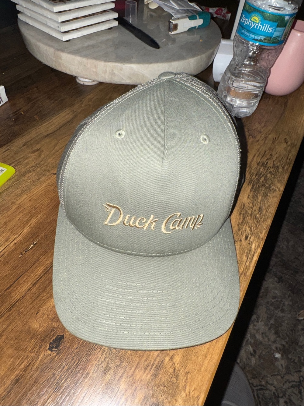 Duck Camp Embroidered Olive Green Cap Mesh back SnapBack